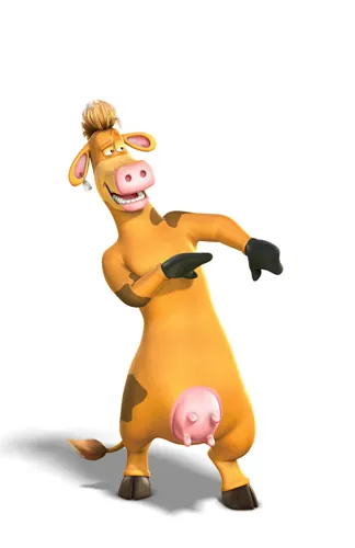 Barnyard character render of Eddy, a tan cartoon cow with a topknot pointing sideways against white