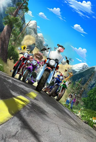 Marketing key art of cartoon animals riding motorcycles down a mountain road toward the viewer