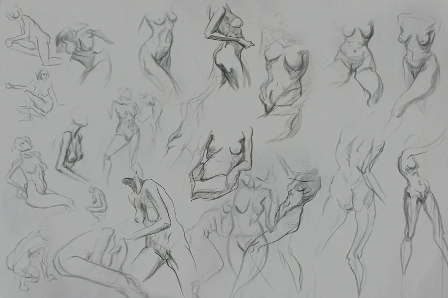 Graphite sheet of quick gesture drawings of female torsos and standing figures