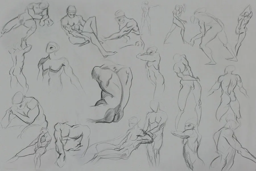 Graphite sheet of quick gesture drawings of muscular male figures in twisting poses