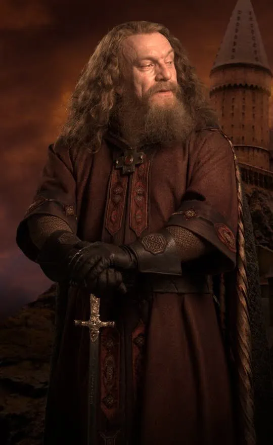Summer founder's portrait composite: a long-haired bearded man in a russet tunic and leather gauntlets resting his hands on a sword