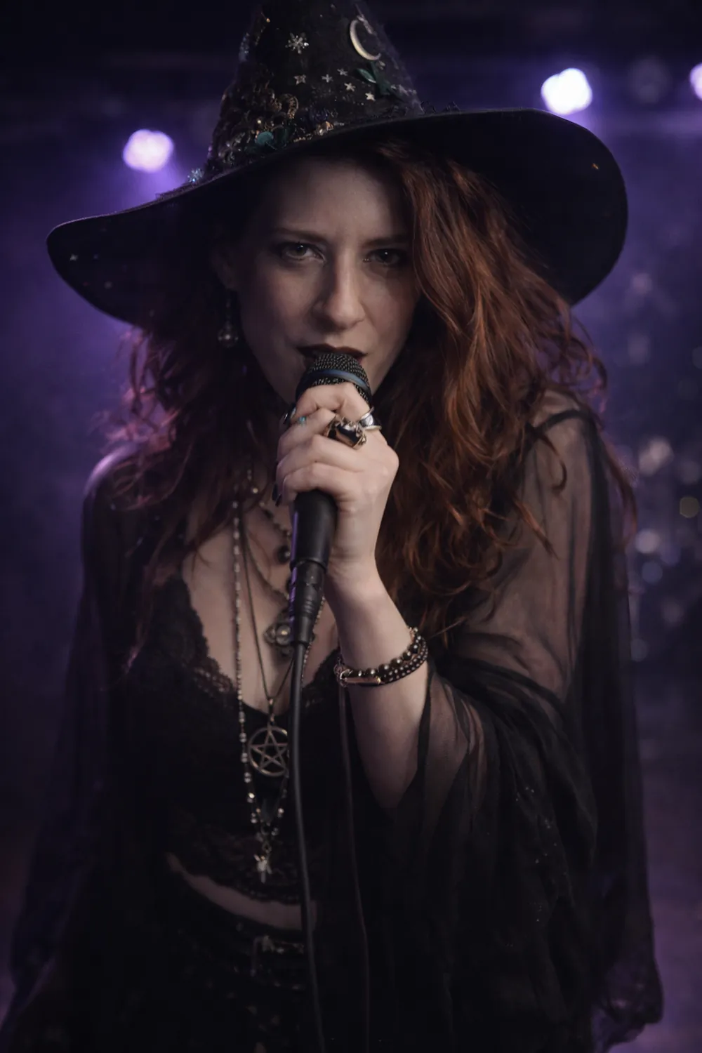 Mirisin singing into a microphone on a purple-lit stage, in a star-covered witch hat and layered pendants