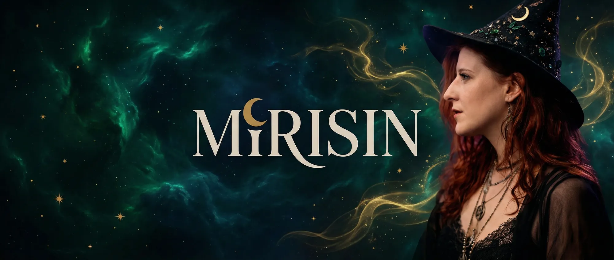 Mirisin title on a teal and gold nebula, beside a red-haired singer in a star-covered witch hat