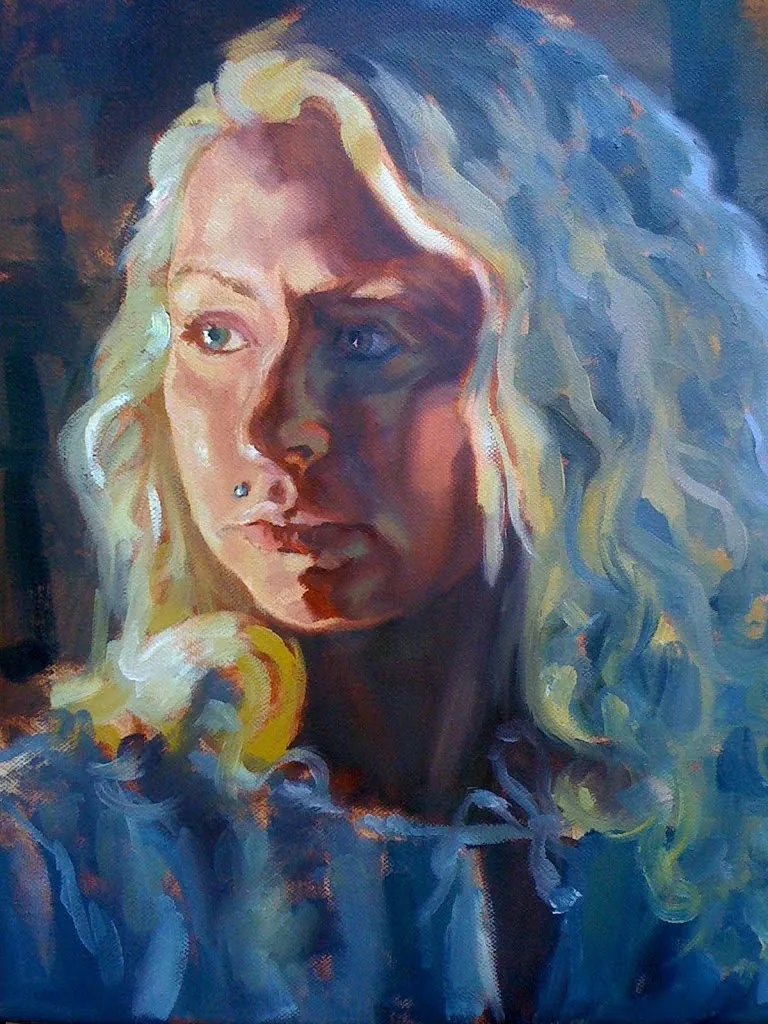 Oil portrait of a woman with curly pale blond hair lit from one side, in blue and gold tones