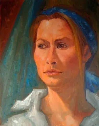Oil portrait of a woman in a blue headband looking to the side, with a teal drape behind her
