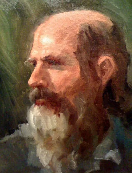 Oil portrait of a balding man with a full white and auburn beard against green