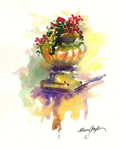 Loose watercolor of a red-flowered urn on a pedestal in yellow and violet washes, signed Mary Poplin