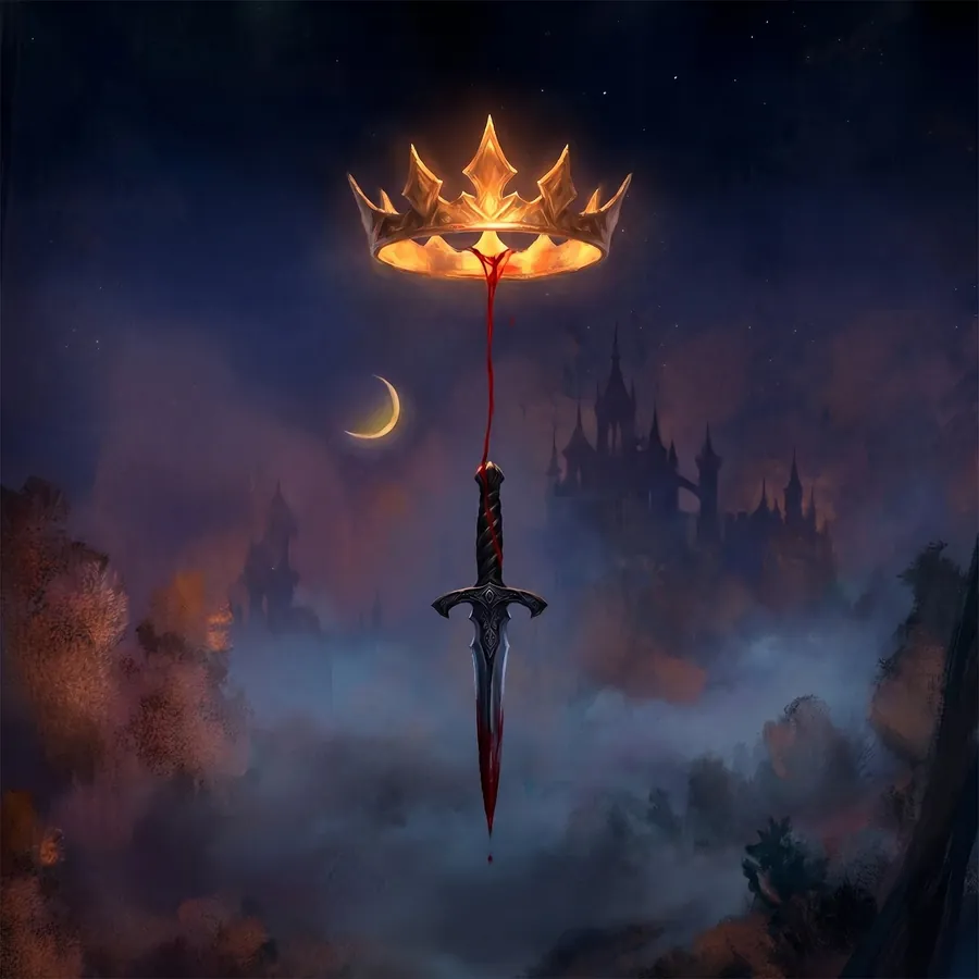 Illustration of a glowing gold crown joined by a red thread to a dagger over a misty castle and crescent moon at night